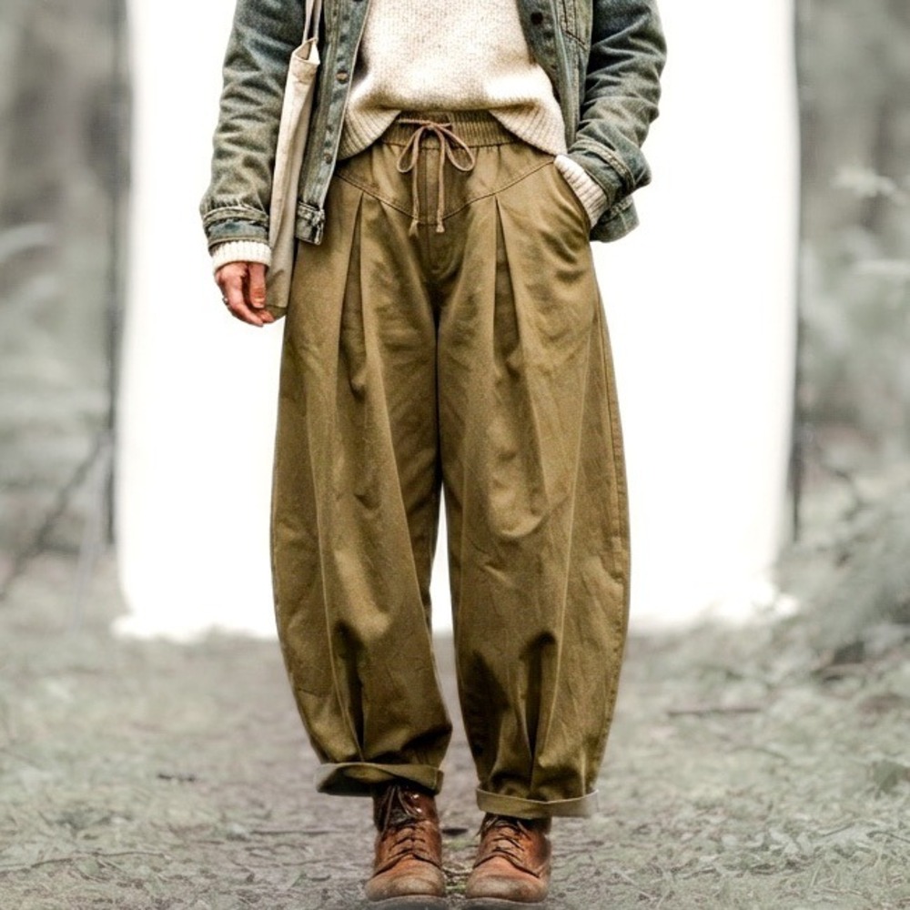 NEW Aelfric Eden Pants Size S Olive Brown Wide Barrel Leg Pleated Elastic Waist